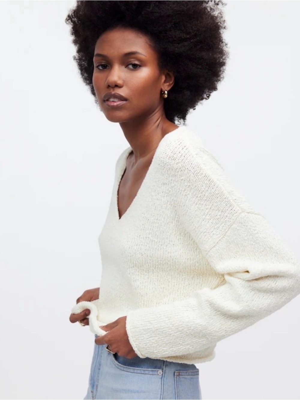 Madewell Women’s Deep V-Neck Boxy Crop Sweater in Cream